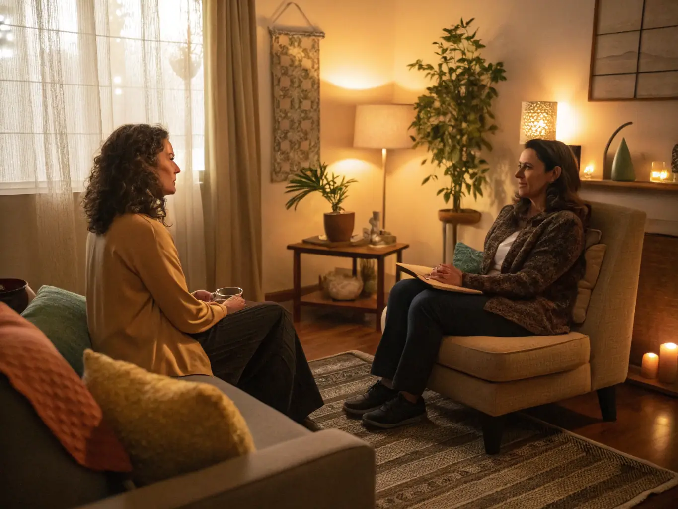 A welcoming consultation room with comfortable seating and a professional psychiatrist engaging with a patient, symbolizing the in-person psychiatric consultations offered by Dr. Geraldo Guimarães.