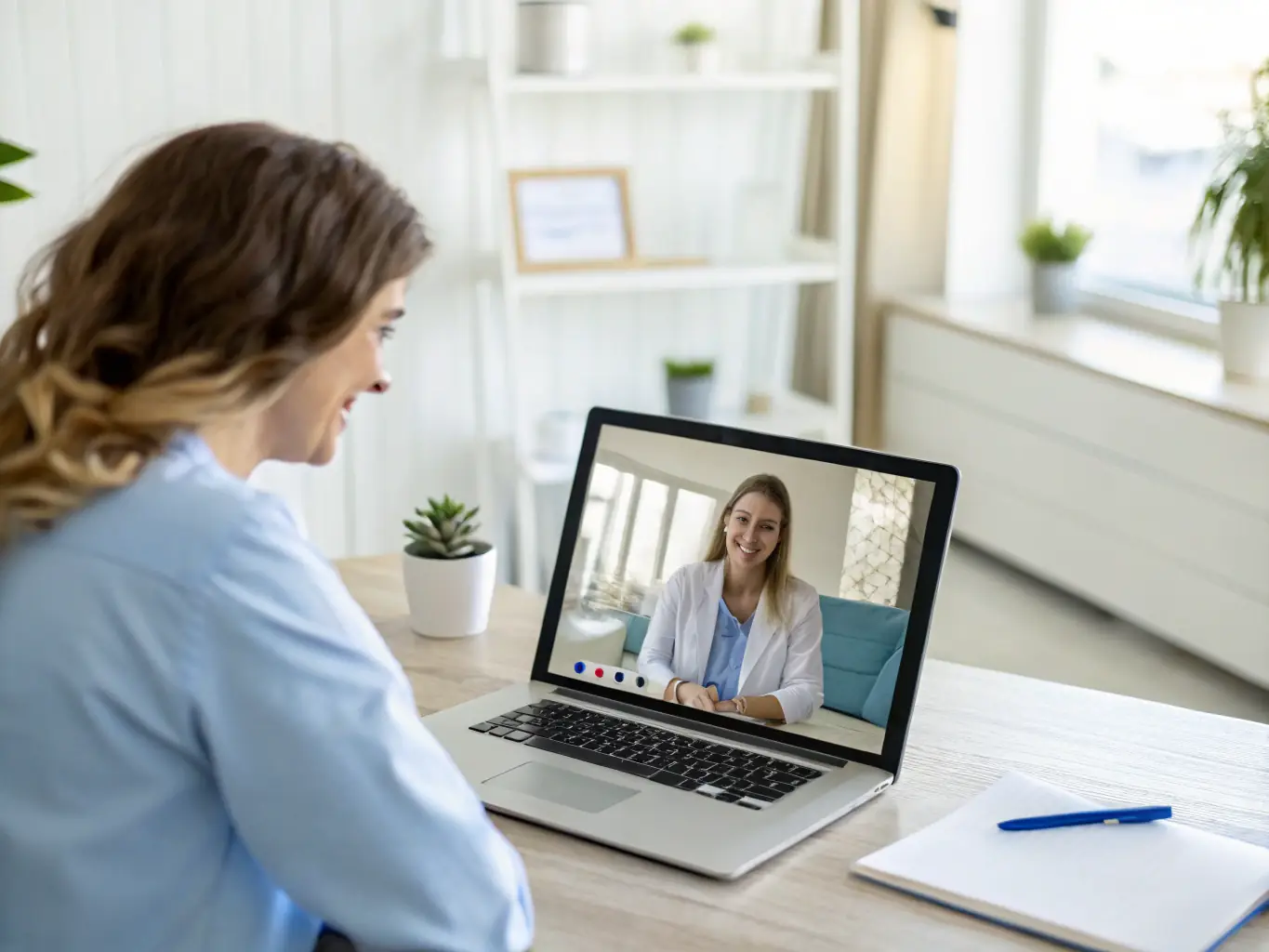 A laptop or tablet displaying a video call with a psychiatrist, set in a cozy home environment, representing the online psychiatry sessions offered by Dr. Geraldo Guimarães.